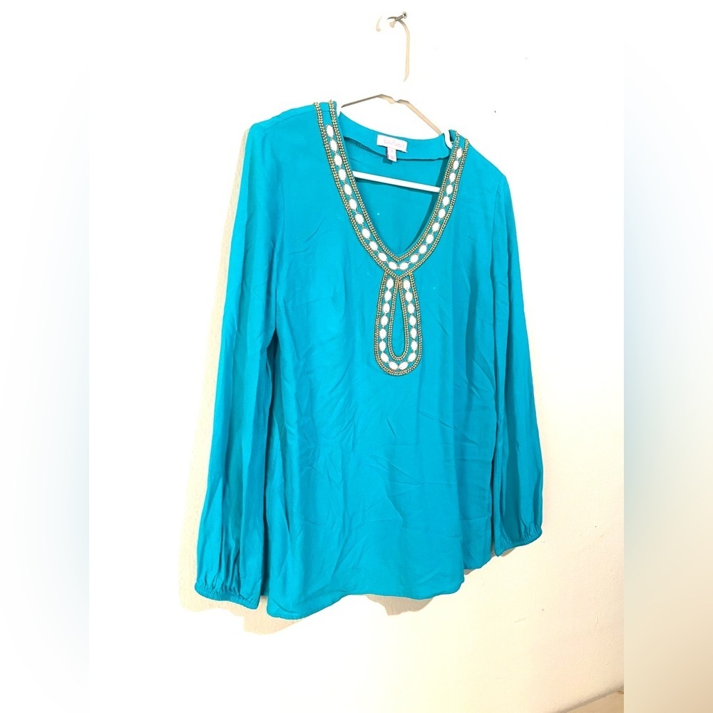 Lilly Pulitzer Tunic Top in Deep Cyan Blue Size S Gold Beaded Embellished - Picture 3 of 9